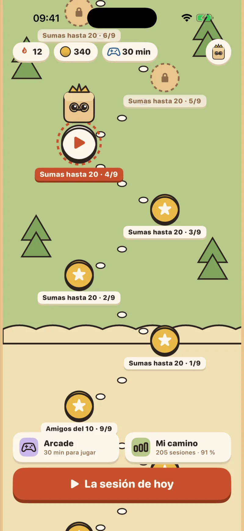 Hasta 9 años: mapa de juguete con la sesión de hoy y el arcade
