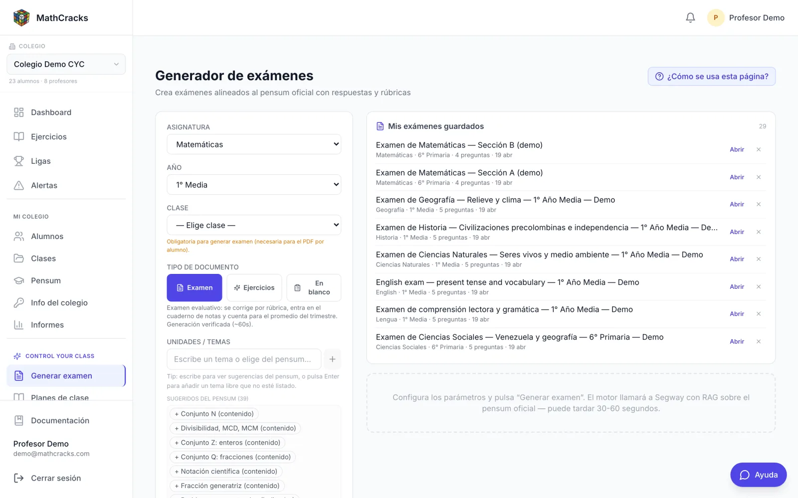 Generador de exámenes de Control Your Class.